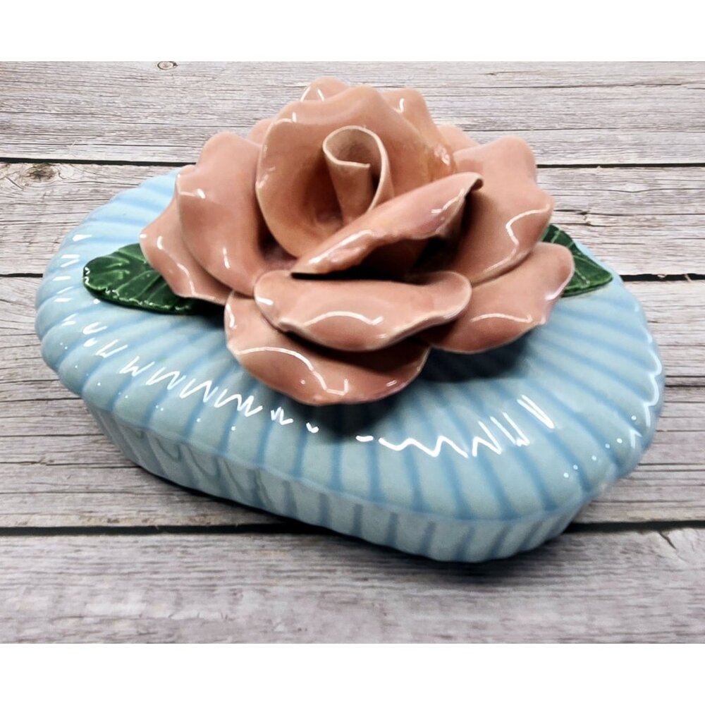 California Pottery Ribbed Lidded Blue W/Rose on Lid Capodimonte Trinket